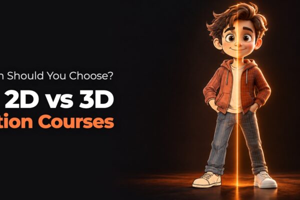A single character split down the middle, hand-drawn 2D on one side and rendered 3D on the other, comparing 2D and 3D animation courses