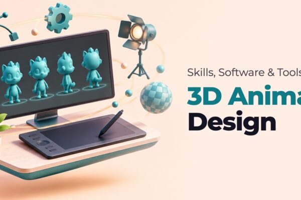 Isometric 3D animator workstation with pen tablet, stylus and floating tool symbols, showing 3D animation design skills and software