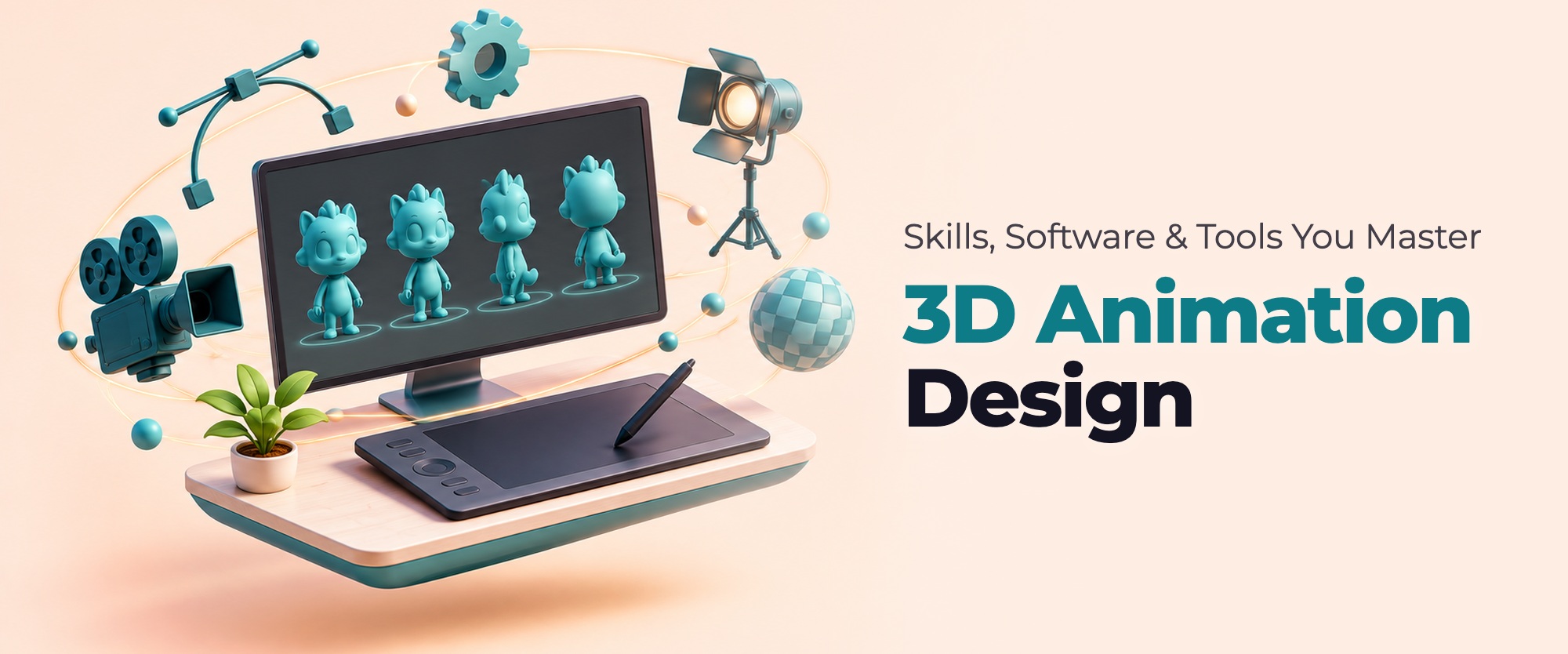 Isometric 3D animator workstation with pen tablet, stylus and floating tool symbols, showing 3D animation design skills and software