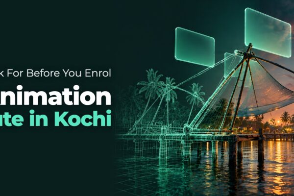Kochi Chinese fishing nets rebuilt as a 3D scene, half glowing wireframe and half fully rendered, representing a 3D animation institute in Kochi