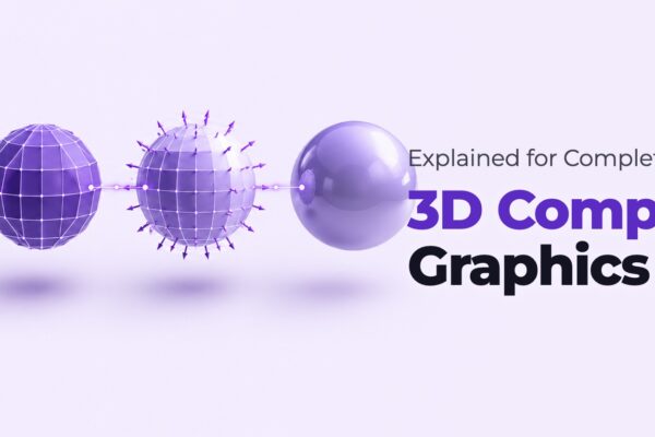Four stages of building a 3D object, from low-polygon cage to fully shaded sphere, explaining 3D computer graphics for complete beginners