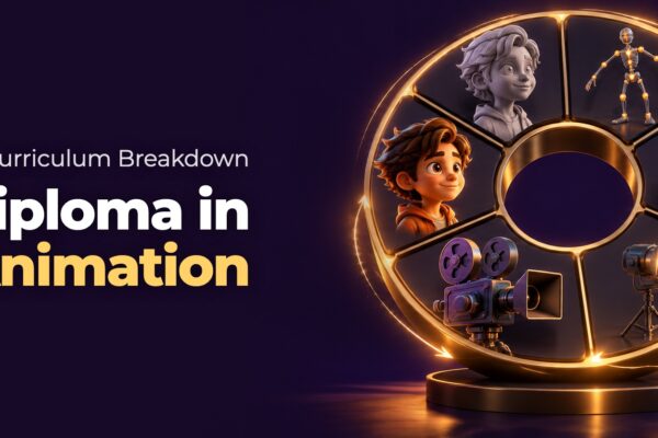 Pipeline wheel of six segments holding the modelling, rigging, texturing, lighting, camera and render stages of a diploma in 3D animation