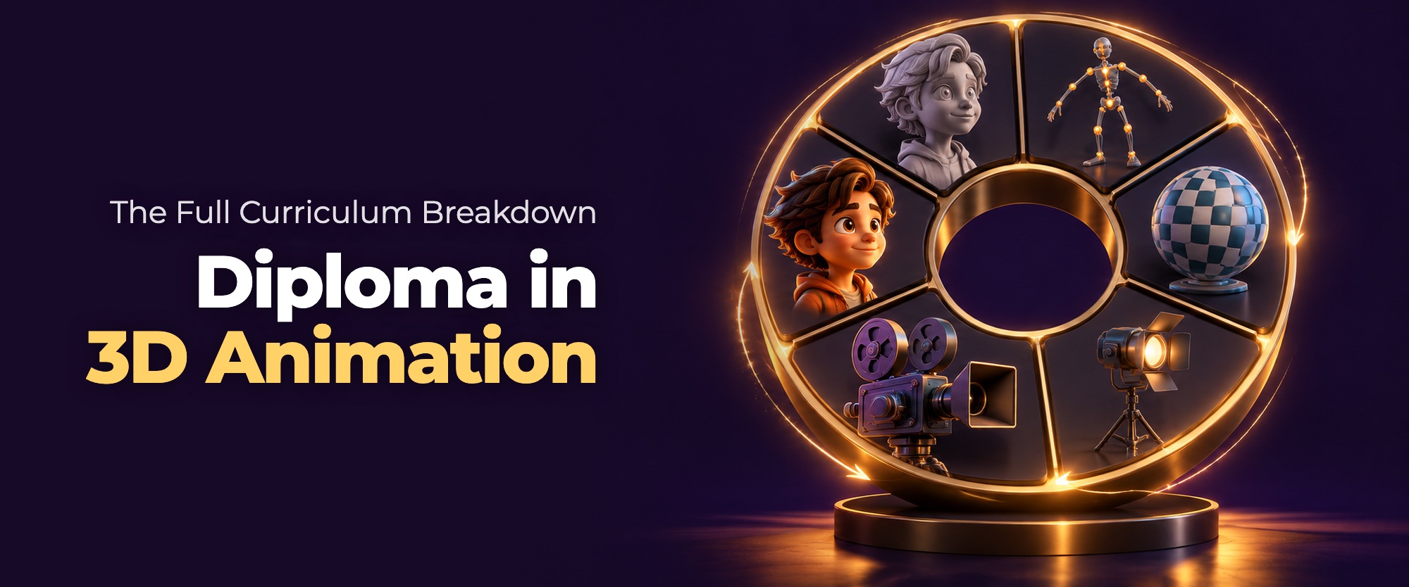 Pipeline wheel of six segments holding the modelling, rigging, texturing, lighting, camera and render stages of a diploma in 3D animation