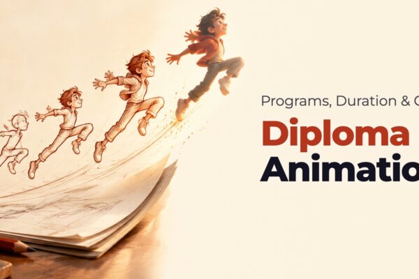 Animation keyframe poses of a leaping figure progressing from ink sketch to a finished 3D render, illustrating a diploma in animation