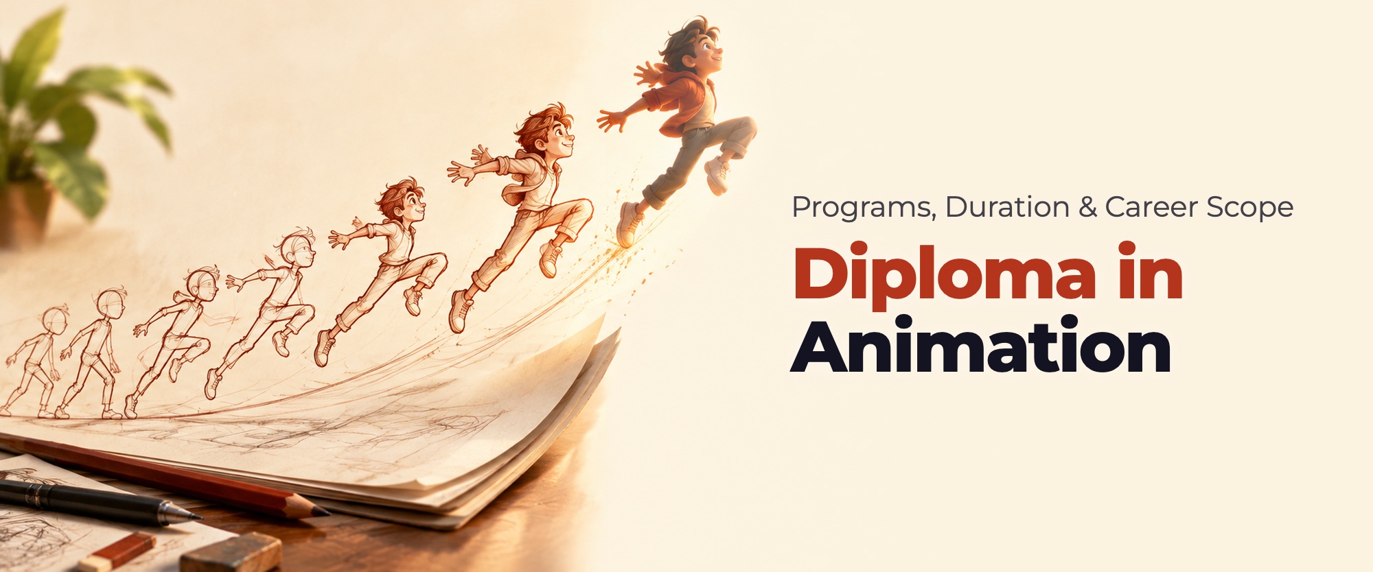 Animation keyframe poses of a leaping figure progressing from ink sketch to a finished 3D render, illustrating a diploma in animation