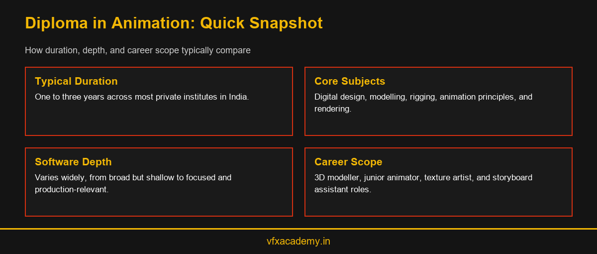 Infographic showing a quick snapshot of diploma in animation duration, subjects, and career scope