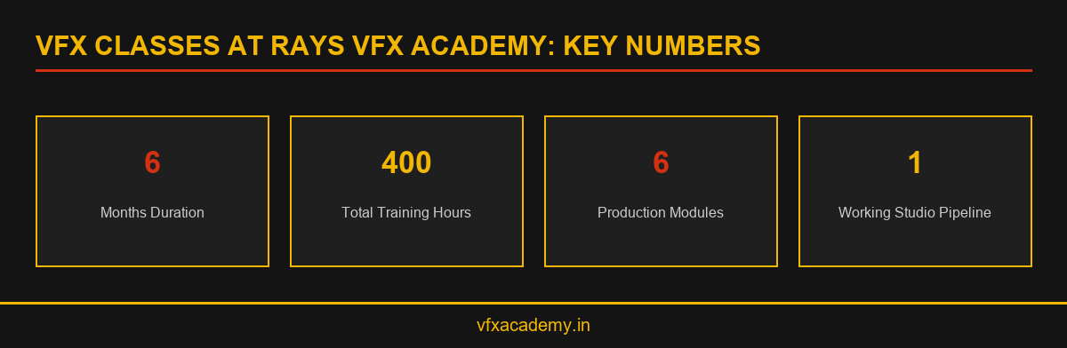 Stat row infographic showing 6 months duration, 400 training hours, 6 production modules and 1 working studio pipeline